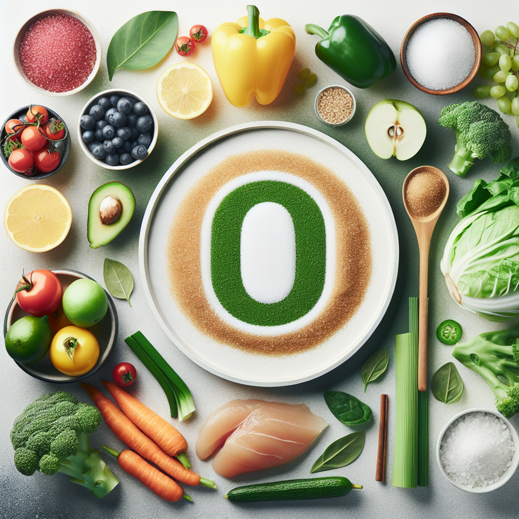 A visually striking flat lay of a diverse, healthy, and sugar-free meal preparation, featuring colorful fresh vegetables, fruits (like berries), lean protein (e.g., chicken or fish), and whole grains. A prominent, elegant '0' symbol, perhaps made from a natural element like a green leaf or a minimalist graphic, is subtly integrated to represent 'zero sugar'. The overall image should convey health, vitality, and the concept of sustainable weight loss through a natural, whole-foods diet. Bright, clean, studio photography style.