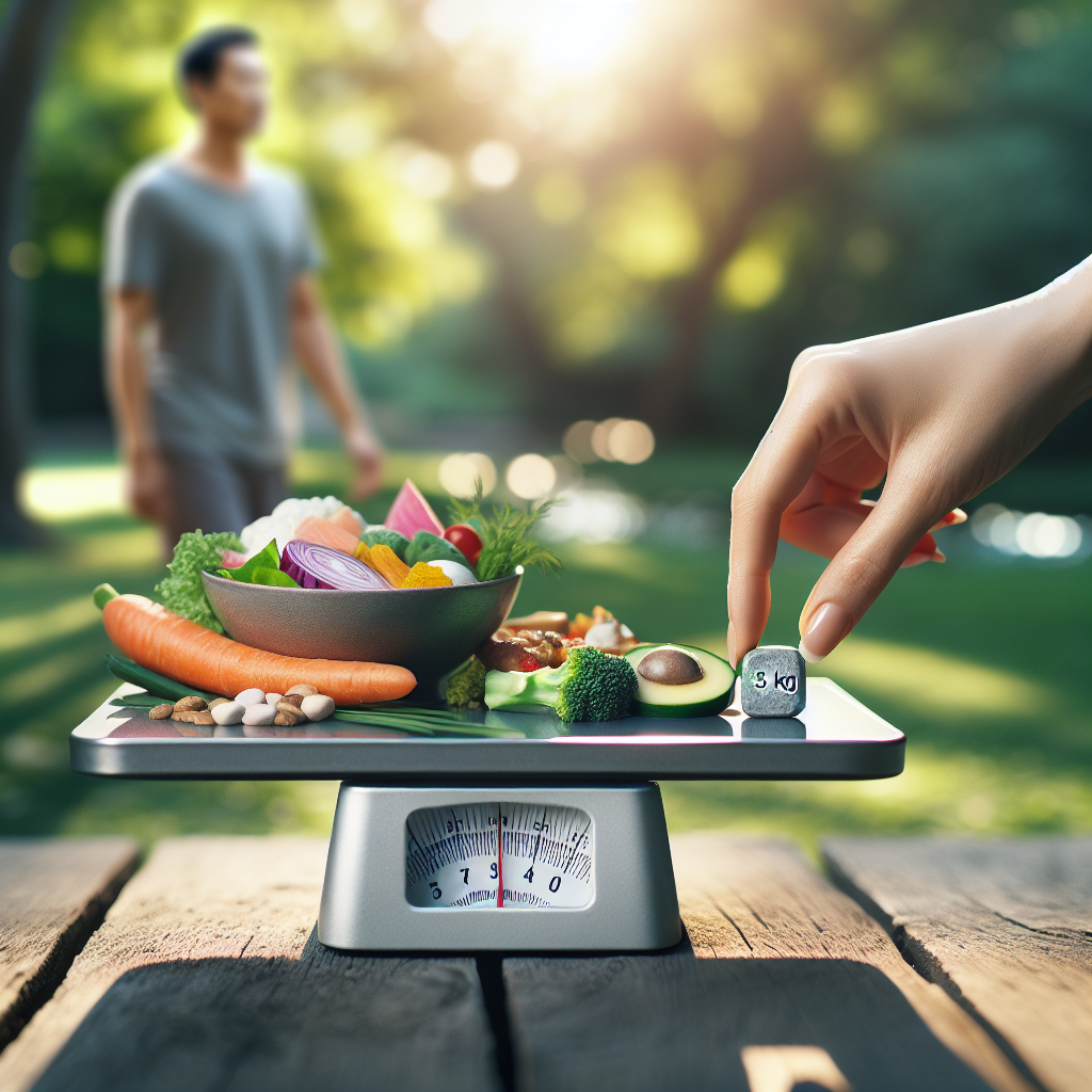 A hand gently places a small, symbolic '0.5 kg' weight onto one side of a perfectly balanced scale, while the other side holds a vibrant, healthy meal (fresh vegetables, lean protein, whole grains). In the soft-focus background, a person is seen enjoying a peaceful, light walk in a sunny park. The overall atmosphere is calm, sustainable, and positive, illustrating gradual and healthy weight loss without deprivation. Natural light, subtle green and blue tones.