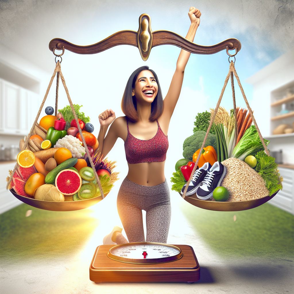 A vibrant, realistic photo of a diverse person (e.g., in their 30s-40s) looking happy and energetic, holding a symbolic scale that is perfectly balanced. On one side of the scale, there's a colorful array of fresh, healthy foods like fruits, vegetables, and whole grains. On the other side, there's a pair of comfortable walking shoes, representing activity. The background is bright and clean, subtly suggesting a path or a home environment, emphasizing a sustainable and healthy lifestyle rather than extreme dieting. The overall mood is positive, achievable, and inspiring.
