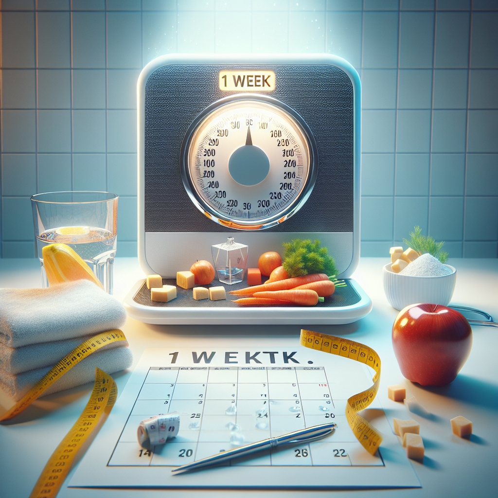 A visual representation of rapid weight loss. A bathroom scale showing a significant drop in weight, next to a calendar with '1 Woche' (1 Week) clearly marked. Around the scale, sparse but healthy food items like a single apple, a few carrot sticks, and a glass of water are arranged, symbolizing a restrictive diet. The scene is clean, bright, and conveys both the promise of quick results and the challenge of a crash diet. Realistic, high-quality photograph.
