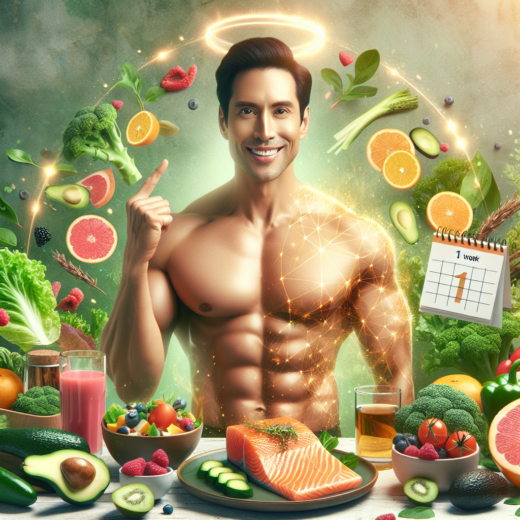 A person with a radiant smile, looking noticeably lighter and more energetic, surrounded by an abundance of fresh, vibrant low-carb foods such as grilled salmon, crisp green vegetables, berries, and avocados. A subtle calendar icon or graphic element in the background or foreground indicates '1 Week'. The overall scene conveys successful weight loss, renewed vitality, and a healthy lifestyle. Realistic photo, bright and inviting.