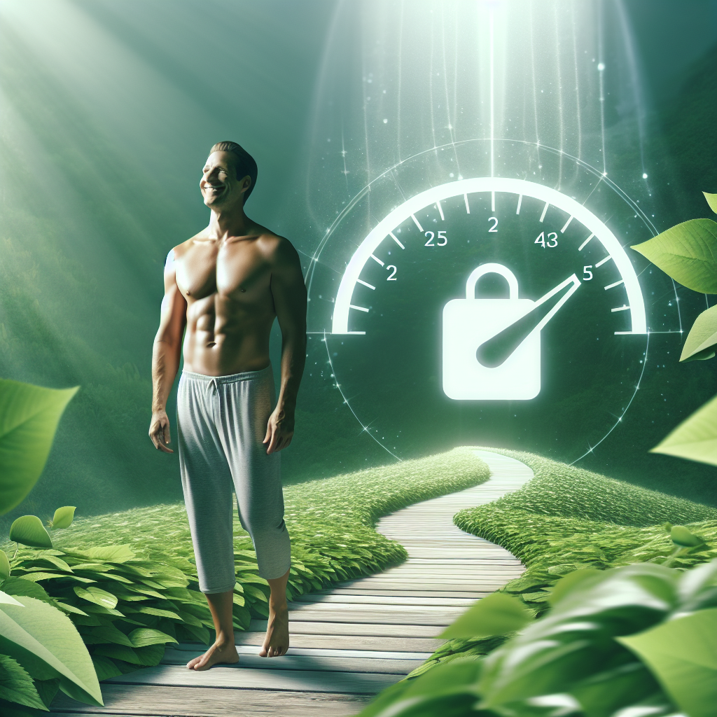 A serene and happy person, looking healthy and fit, with a gentle smile, standing on a path made of lush green leaves that subtly slopes upwards. In the background, an abstract, minimalist representation of a calendar or a small, balanced scale suggesting gradual and sustainable progress, implying '1 kg per month'. The overall scene is bright, optimistic, and evokes a feeling of ease, well-being, and achievable goals, with natural lighting and a clean, inspiring aesthetic. The person should appear balanced and content, not struggling.