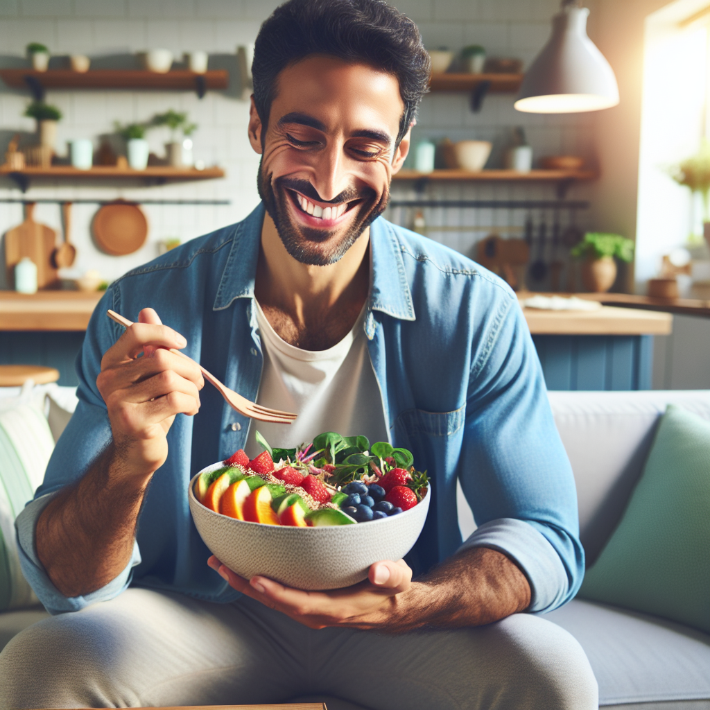 A person with a radiant, healthy smile is enjoying a vibrant, fresh meal (e.g., colorful salad with lean protein, or a fruit-filled smoothie bowl) in a bright, modern kitchen. The overall atmosphere is one of ease, well-being, and sustainable healthy habits, symbolizing a gentle and effective path to losing 1 kg per week without deprivation. Soft, natural lighting and an inviting aesthetic.