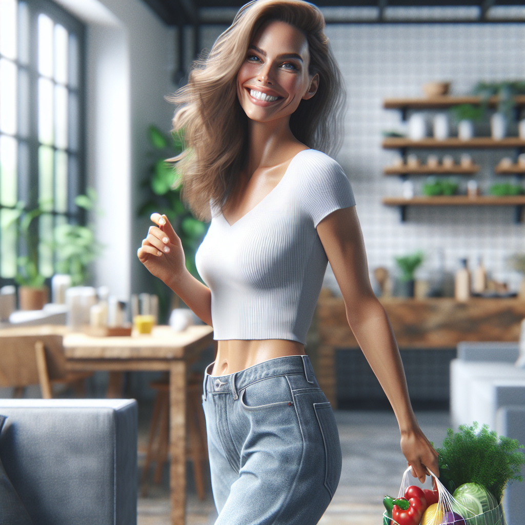 A happy, energetic person in their late 20s to early 30s, smiling confidently while engaging in a simple, everyday healthy activity like walking with a small grocery bag containing fresh produce, or stretching gently in a bright, modern living room. The scene should convey a sense of sustainable well-being, freedom from restriction, and a natural, healthy lifestyle rather than a strenuous diet. Focus on a positive, approachable atmosphere. Photorealistic style, natural lighting.