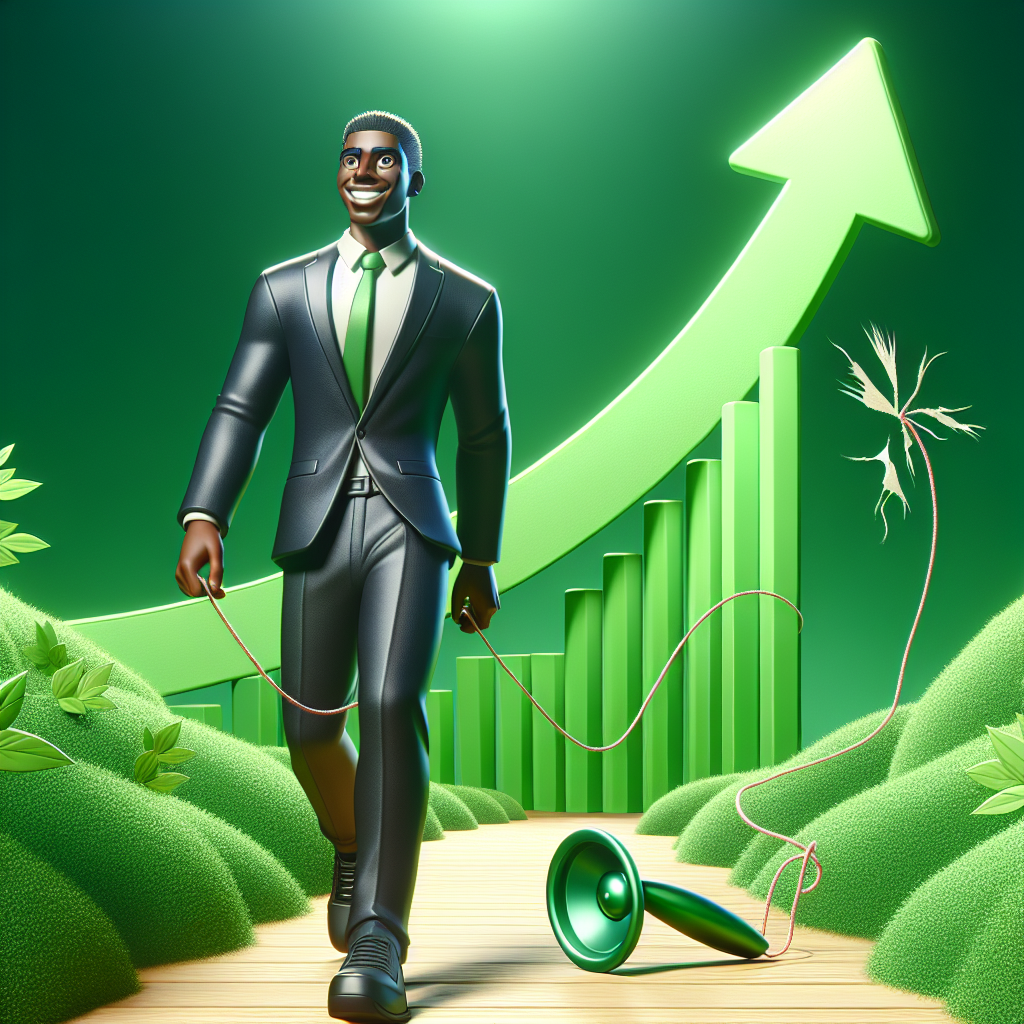 A person with a healthy, confident smile, steadily walking on a stable, gently upward-sloping path amidst lush green nature. In the background, a subtle, smooth green line graph symbolizes consistent, sustainable progress, while a tangled, broken yo-yo string lies discarded to the side, representing the avoidance of the yo-yo effect. The scene is bright, optimistic, and evokes feelings of long-term well-being and lasting achievement. Realistic, high detail, natural lighting.