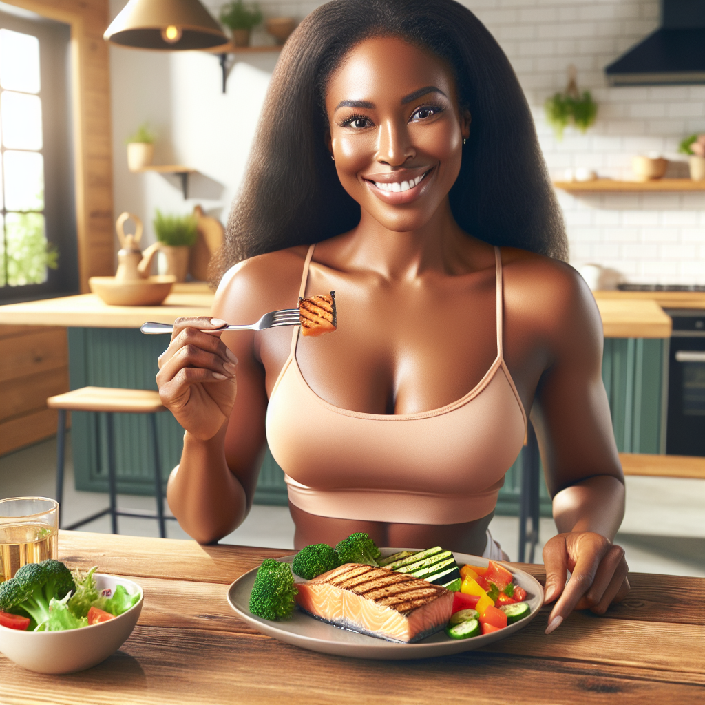 A happy, confident person, mid-30s, visibly having lost some weight, is enjoying a delicious, healthy home-cooked meal (e.g., a plate with salmon, roasted vegetables, and a fresh salad) in a bright, modern kitchen. The setting emphasizes a relaxed, everyday lifestyle, with no sports equipment, gym clothes, or activewear visible. The scene captures the essence of sustainable weight loss through mindful eating and daily choices, not strenuous exercise. Photorealistic, warm, inviting light.