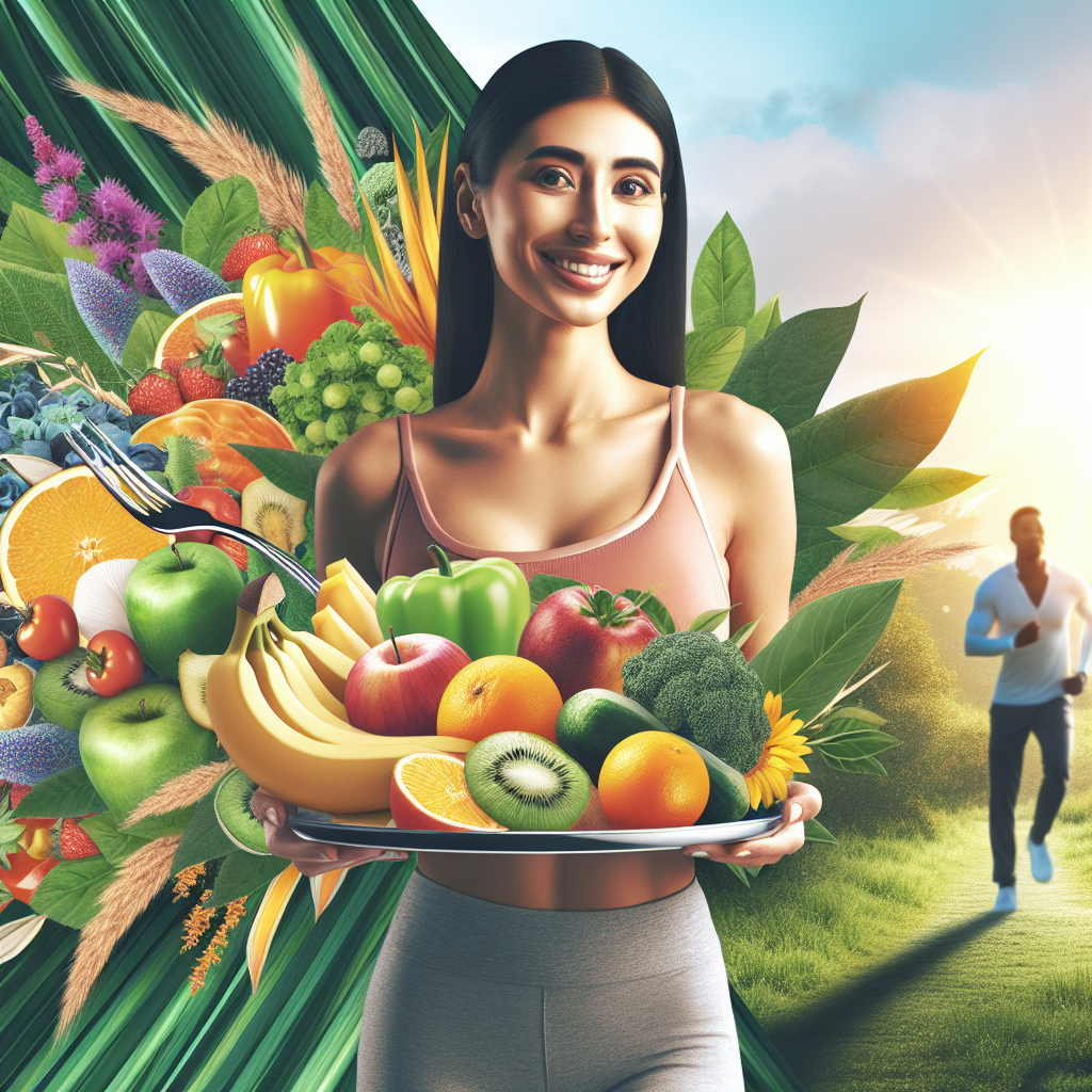A vibrant, positive image of a healthy, energetic person smiling confidently, holding a plate filled with colorful fresh fruits, vegetables, and whole grains. In the background, a silhouette of a person is enjoying a brisk walk in a bright, natural setting. The overall impression should be one of sustainable progress, well-being, and achievable healthy weight loss, conveying a cheerful and encouraging mood. Blog header style.