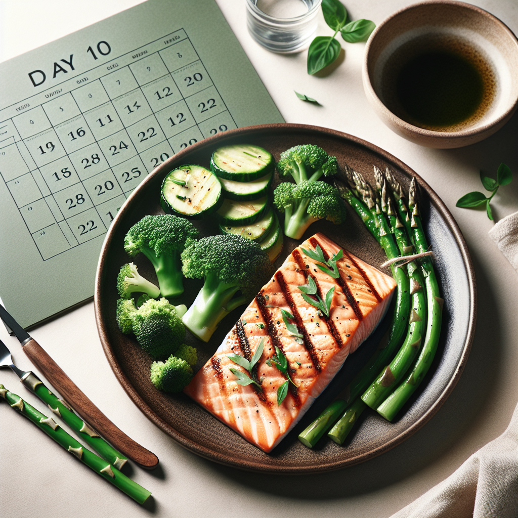 A beautifully arranged plate of a healthy, carb-free meal, showcasing grilled salmon with vibrant green vegetables like broccoli and asparagus, and fresh herbs. In the background, subtly out of focus, a minimalist calendar highlights 'Day 10' as a symbol of quick, healthy progress and detoxification. Bright, clean, and inviting studio photography aesthetic.