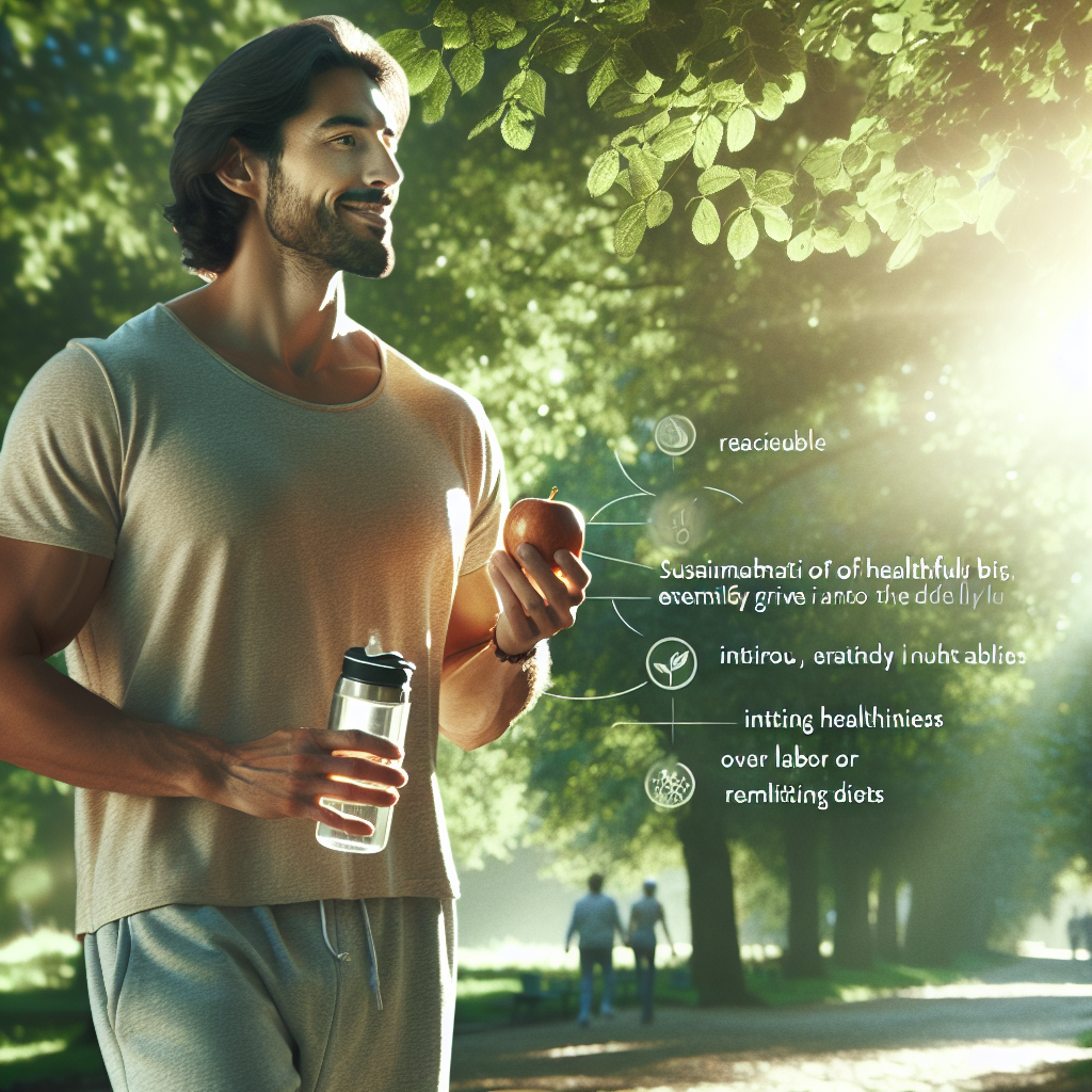 A happy and healthy-looking person, in their 30s-40s, enjoying a relaxed outdoor walk in a bright, green park. They are casually dressed in comfortable, everyday clothes, not athletic wear. Subtle elements hinting at healthy habits like holding a fresh apple or a water bottle. The scene should evoke a sense of peace, well-being, and effortless integration of healthy choices into daily life, emphasizing sustainability and natural health rather than strenuous effort or restrictive diets. Bright, natural lighting, serene atmosphere.