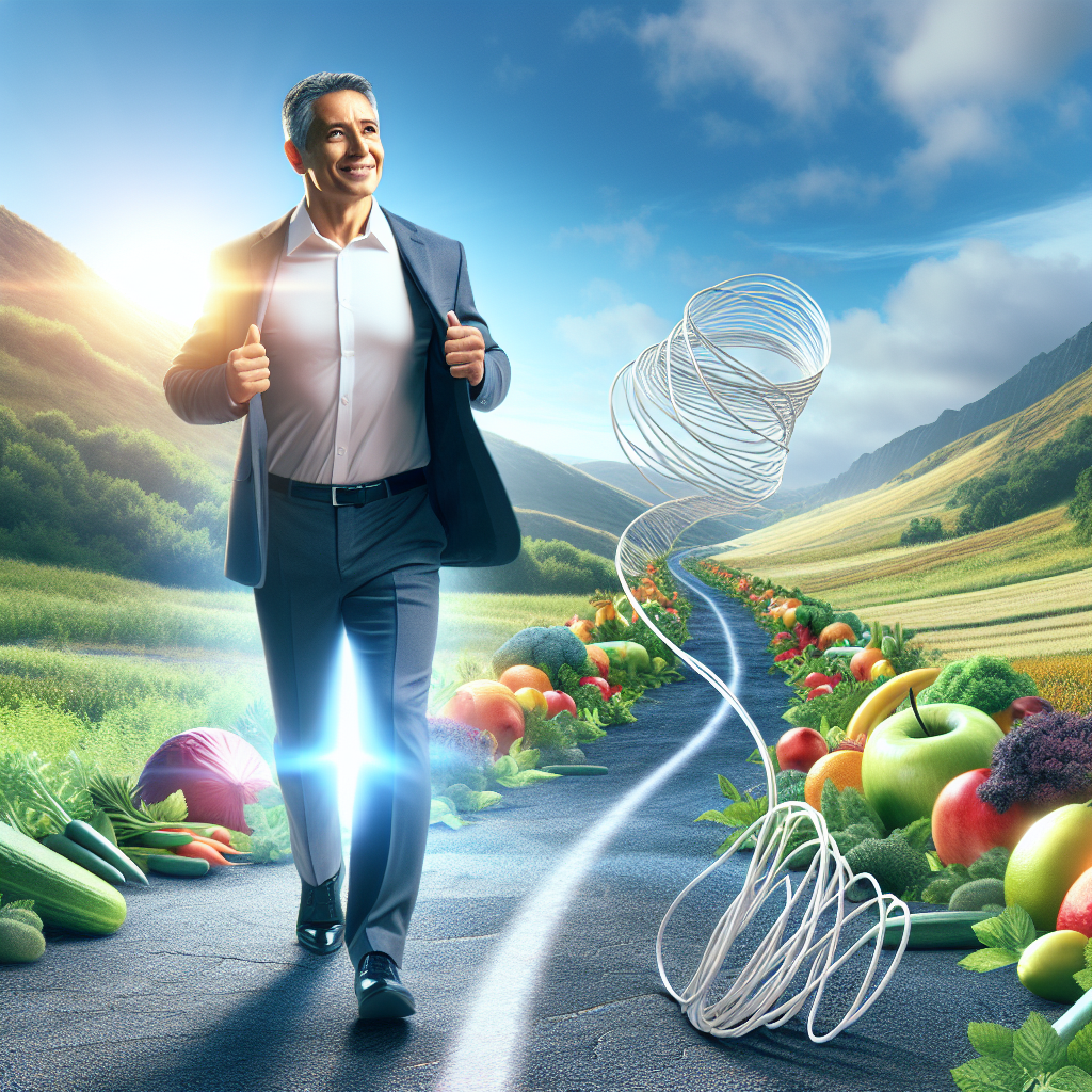 An optimistic person with a healthy, energetic glow, confidently walking on a clear, sunlit path surrounded by vibrant fresh fruits and vegetables. In the background, a symbolic, broken or tangled 'yo-yo' string represents the avoidance of the yo-yo effect, emphasizing sustainable and long-term health. The scene is positive, encouraging, and vibrant, in a realistic, slightly aspirational style.
