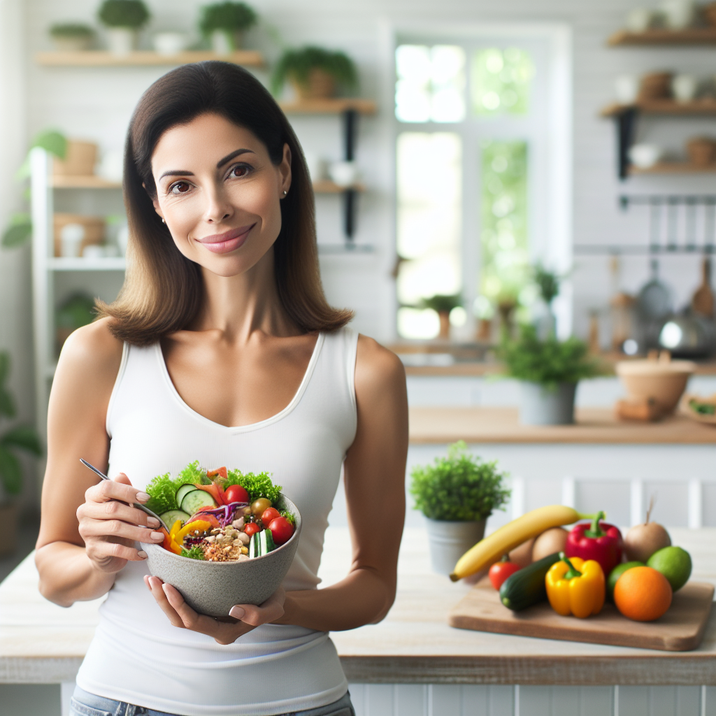 A calm and happy person, perhaps a woman in her late 30s, looking content and relaxed in a bright, modern kitchen or dining area. She is holding a beautifully prepared, healthy meal (e.g., a colorful salad with lean protein and whole grains, or a vibrant vegetable stir-fry). Fresh fruits and vegetables are neatly arranged on the counter or table in the background. The scene emphasizes healthy eating and a peaceful lifestyle without any visible sports equipment or strenuous activity, subtly suggesting weight loss through diet and mindful living. Soft, natural light.