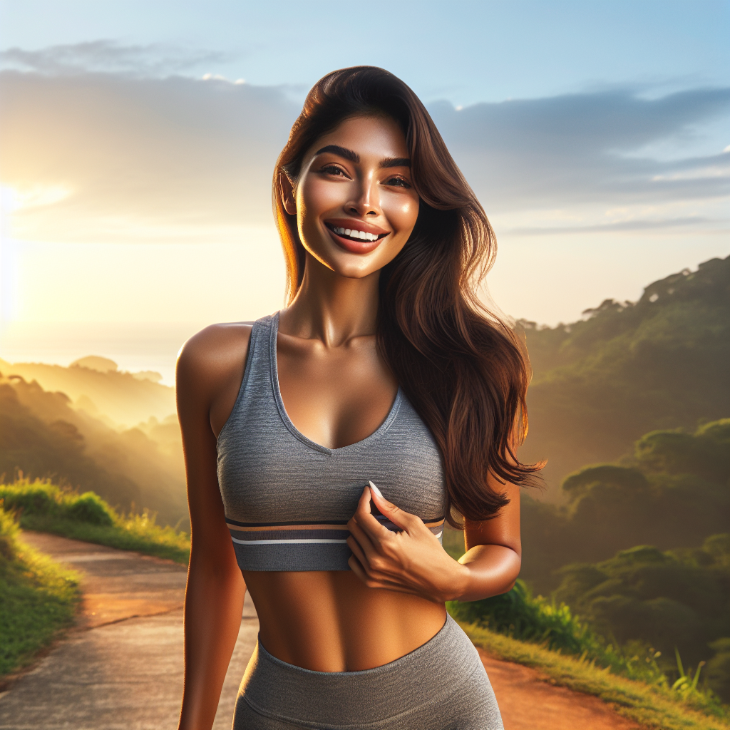 A radiant and confident person, looking fit and energetic, with a joyful expression, taking a refreshing walk on a scenic path at sunrise. They are wearing comfortable activewear, symbolizing a successful and sustainable journey towards a healthier weight and improved well-being. The background features a beautiful, serene natural landscape with lush greenery and a clear sky, subtly hinting at a holistic and healthy lifestyle. The overall image evokes a sense of achievement, renewed vitality, and the positive transformation of reaching a significant personal goal, like losing 12 kg.