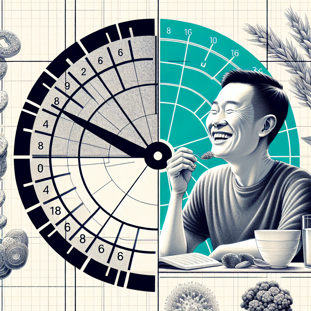 A conceptual image illustrating the 16:8 intermittent fasting diet. A clear clock face visually divides a day into an 8-hour eating window and a 16-hour fasting window. Next to it, a relaxed, smiling person with a healthy, lean physique is comfortably situated in a home setting, reading or sipping tea, explicitly without any sports equipment. The style is modern and clean, emphasizing effortless weight loss without exercise.
