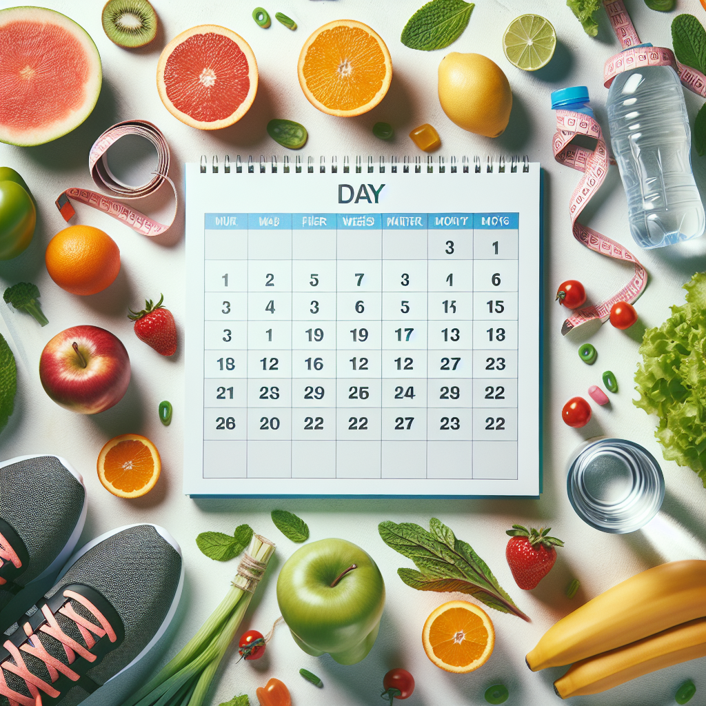 A vibrant and motivating flat lay representing a '2-week weight loss plan'. The image features a clean white or light background. Central elements include a calendar clearly highlighting a 14-day period, an assortment of colorful fresh fruits and vegetables, a glass of water, a small pair of athletic shoes, and a measuring tape. The composition should convey health, energy, and achievable goals for quick and effective weight loss, with good lighting and crisp details.