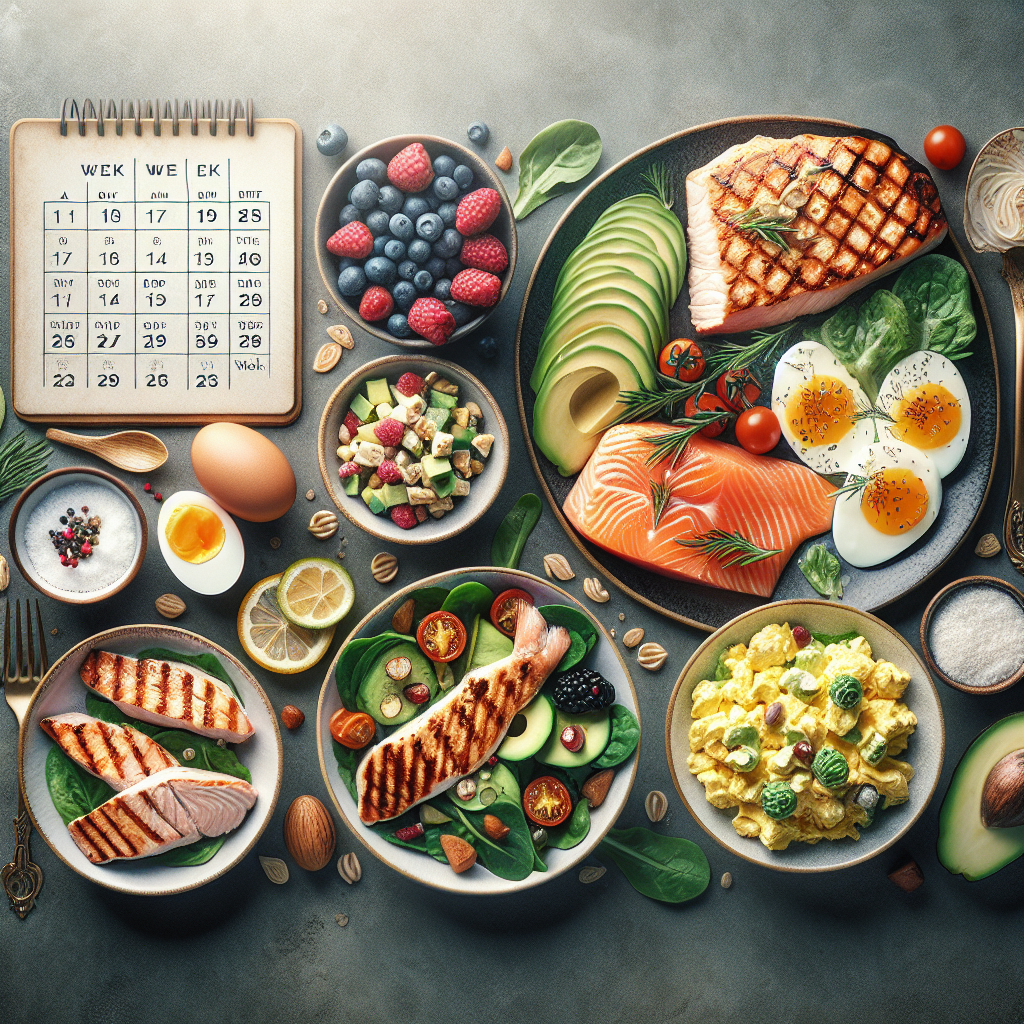 A vibrant, visually appealing flat lay of a healthy low-carb meal spread. Feature perfectly grilled chicken breast, flaky baked salmon, a fresh green salad with avocado and cherry tomatoes, scrambled eggs, and a small bowl of berries. A subtle, elegant calendar showing 'Week 1' and 'Week 2' is placed in the corner, hinting at a diet plan. The overall aesthetic is clean, well-lit, and enticing, emphasizing fresh ingredients and the promise of a healthy, lighter lifestyle. No bread, pasta, rice, or sugary items are visible.