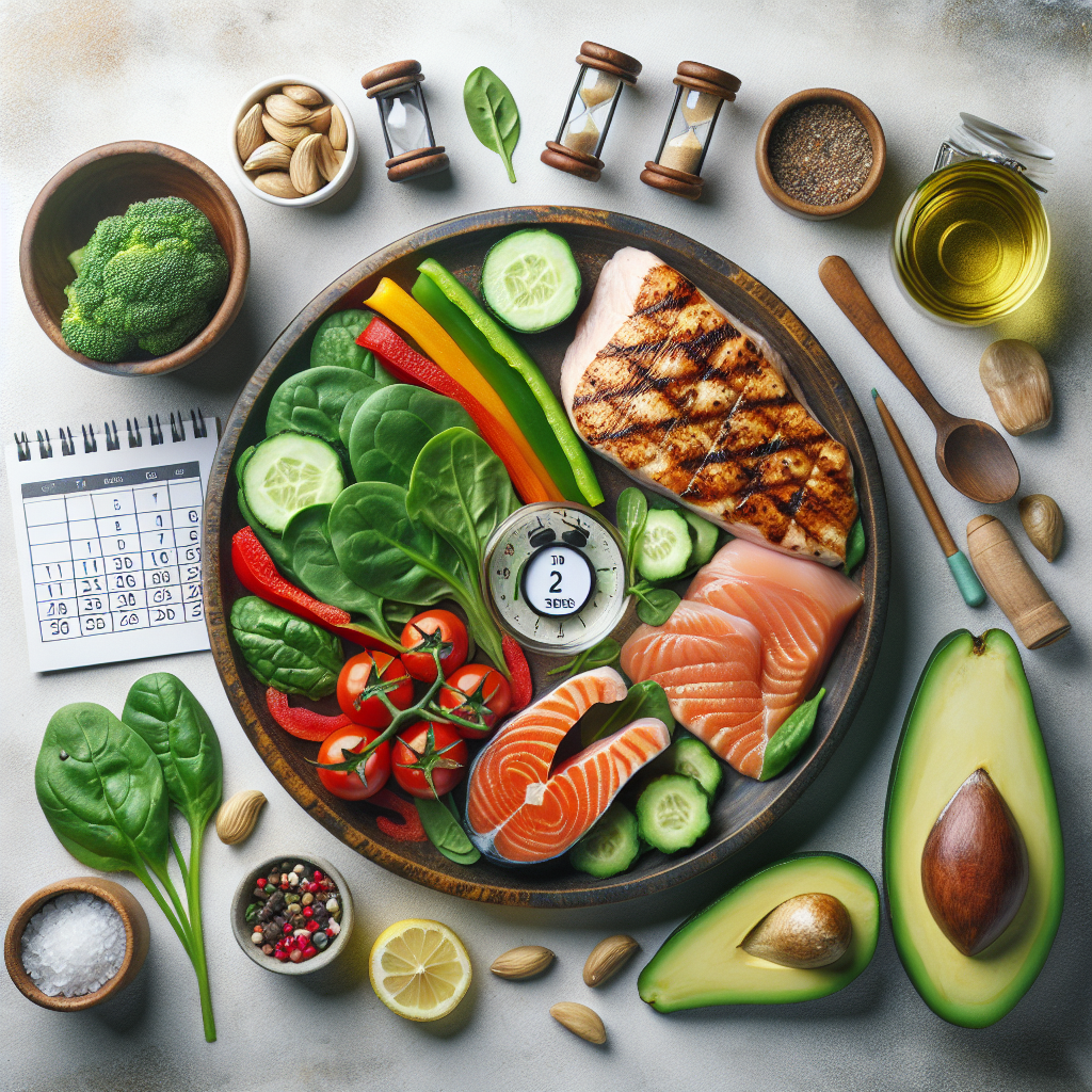 A vibrant, aesthetically pleasing flat lay of a balanced, low-carbohydrate meal, featuring colorful fresh vegetables like spinach and bell peppers, lean protein such as grilled chicken or salmon, and healthy fats like avocado slices. A small calendar or hourglass icon could be subtly placed to suggest a 2-week timeframe, symbolizing quick and effective weight loss. The overall mood is fresh, healthy, and inviting, with a focus on natural light and clean presentation.