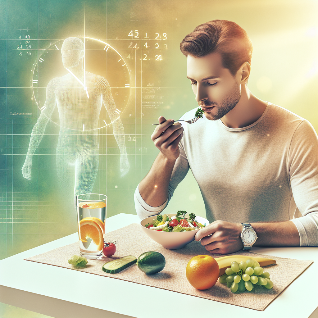 A happy and relaxed person, dressed in comfortable everyday clothes, is sitting at a bright, minimalist table. They are enjoying a small, healthy meal like a fresh salad or fruit, accompanied by a glass of water or herbal tea. Crucially, there is no gym equipment, workout attire, or athletic setting visible anywhere in the image. In the background, a subtle, ethereal digital clock or calendar graphic lightly indicates a '24-hour' period. The overall mood conveys effortless and quick well-being and weight loss achieved purely through diet, in a clean, inviting, and realistic photo style.