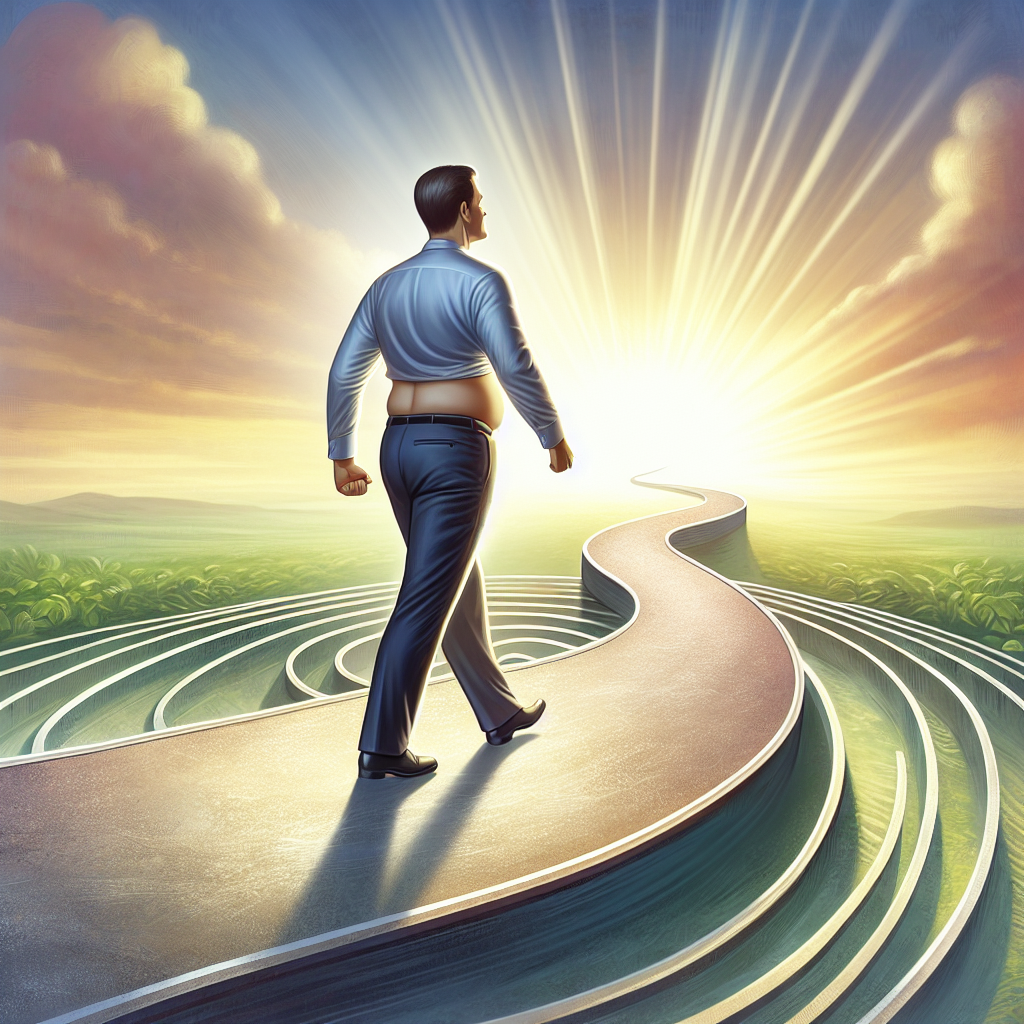 A metaphorical image depicting a person confidently stepping off a continuous, looping path (symbolizing the yo-yo effect of fluctuating weight) onto a clear, straight, and stable path that ascends gently towards a bright horizon. The person, who appears to have achieved significant weight loss, looks empowered and determined, embodying the journey to permanent healthy living. The background should be serene and hopeful, emphasizing a lasting lifestyle change rather than a temporary diet. Realistic style, inspiring mood.