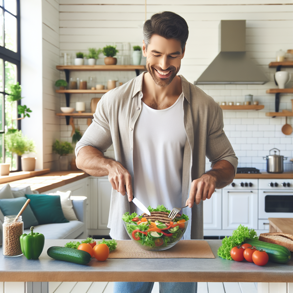 A cheerful person, casually dressed, in a bright, modern kitchen, easily preparing a simple, healthy meal such as a colorful salad with fresh vegetables and lean protein. No sports equipment is visible. The scene should evoke a sense of everyday ease, wellness, and a balanced lifestyle, with natural light creating a fresh atmosphere, suitable for a blog article about losing weight without sport through daily nutrition.