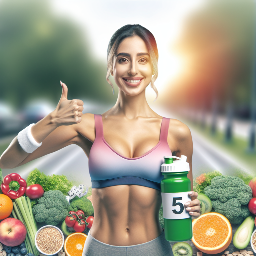 A fit and energetic person, smiling confidently, making a 'thumbs up' gesture, with a stylized '5 KG' subtly integrated into the scene, perhaps on a sports bottle or a small weight. They are surrounded by a vibrant display of fresh fruits, colorful vegetables, and whole grains, with a hint of an outdoor exercise environment like a park path or a light-filled gym in the soft background. The style should be modern, clean, and optimistic, conveying healthy and sustainable weight loss without deprivation, suitable for a blog article.
