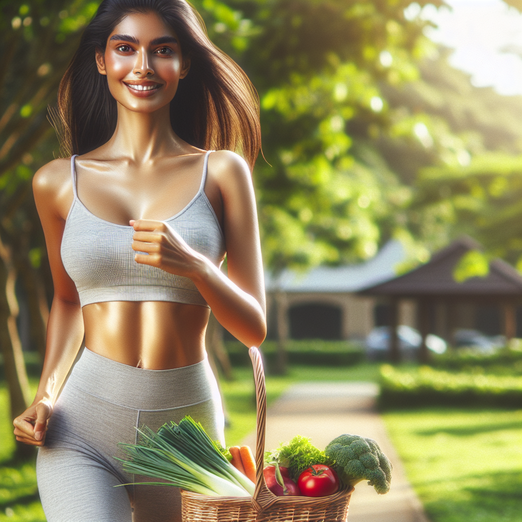 A vibrant, positive image of a person with a healthy, lean physique, feeling energetic and confident. They are mid-stride during a morning walk or light jog in a bright, natural setting like a park, with a radiant smile. Surrounding elements subtly suggest healthy eating (e.g., a basket of fresh fruits and vegetables in the background, out of focus) and overall well-being. The atmosphere is optimistic and signifies sustainable success in health and fitness, without depicting extreme struggle or deprivation. Focus on a feeling of lightness and inner strength. Realistic, high-quality photograph.