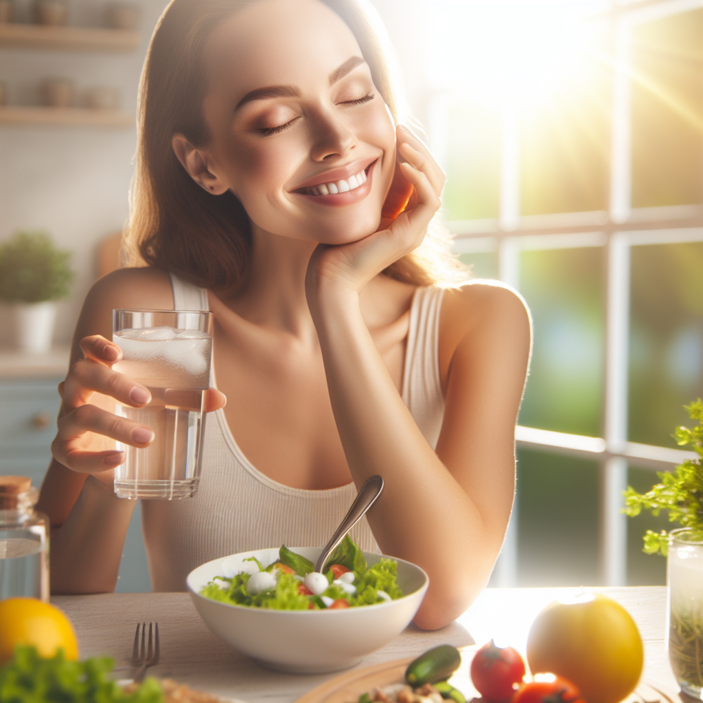 A serene and happy person, radiating well-being and balance, is casually enjoying a small, fresh meal or a glass of water in a bright, modern kitchen or a sunny park. The overall atmosphere conveys a sense of peaceful, sustainable healthy living and effortless daily habits, rather than a strict diet. Soft, natural lighting, lifestyle photography style.