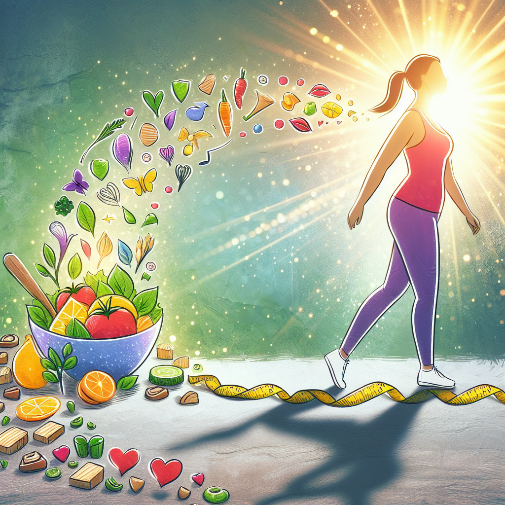 Eine inspirierende visuelle Darstellung einer erfolgreichen Gewichtsabnahme-Reise. Ein Weg, der von kleinen, nachhaltigen Schritten geprägt ist: eine Person, die anfangs leicht unsicher ist, aber durch bewusste Ernährung (z.B. bunte Salatschüssel) und regelmäßige Bewegung (z.B. Spaziergang in der Natur) zu einem selbstbewussten, strahlenden und gesunden Menschen wird. Symbolische Darstellung von Transformation und Wohlbefinden, mit einer positiven, motivierenden und hellen Stimmung. Leichte, freundliche Farben. Keine extreme Darstellung, sondern gesunde Balance.
