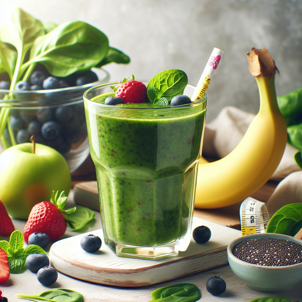 A refreshing and vibrant green or berry-colored weight loss smoothie in a clear glass, made with natural ingredients like fresh spinach, berries, banana, and a sprinkle of chia seeds. It sits on a light wooden table with some whole, fresh fruits (like blueberries, strawberries, a slice of banana, or a sprig of mint) and vegetables (like spinach leaves or a piece of ginger) artistically arranged around it. The lighting is bright and natural, suggesting health, purity, and a natural approach to weight loss, free from artificial sweeteners. The overall mood is clean, fresh, and inviting.