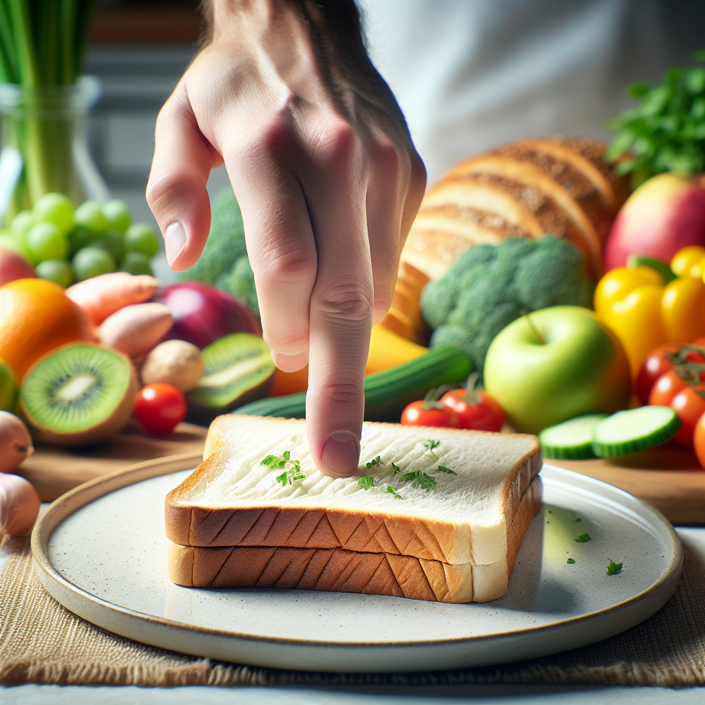 A close-up shot of a hand gently pushing away a delicious-looking slice of white bread from a plate. In the blurred background, a selection of vibrant, healthy foods like fresh vegetables, fruits, and lean protein is arranged, symbolizing the decision to reduce bread intake for weight loss. Soft, natural kitchen lighting, realistic and inviting food photography style, focus on the bread and hand.
