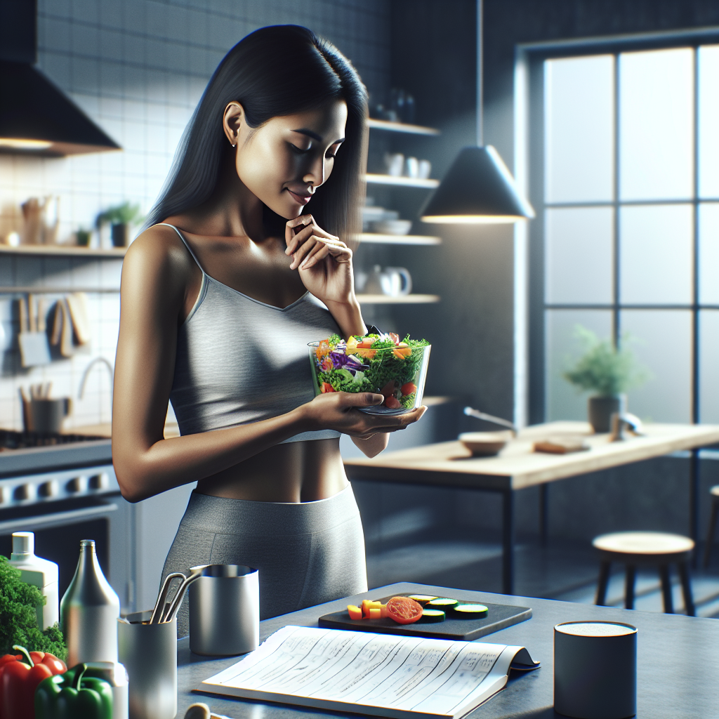 A realistic photo of a busy individual in a modern, uncluttered kitchen, looking calmly at a vibrant, healthy meal (e.g., a colorful salad with lean protein and fresh vegetables) they've prepared. The background is slightly blurred, revealing elements of a home office or a full calendar, subtly suggesting a packed schedule and lack of time for intense sports. The overall mood is one of quiet accomplishment and focusing on mindful nutrition for weight loss, rather than strenuous exercise. Soft, natural lighting.