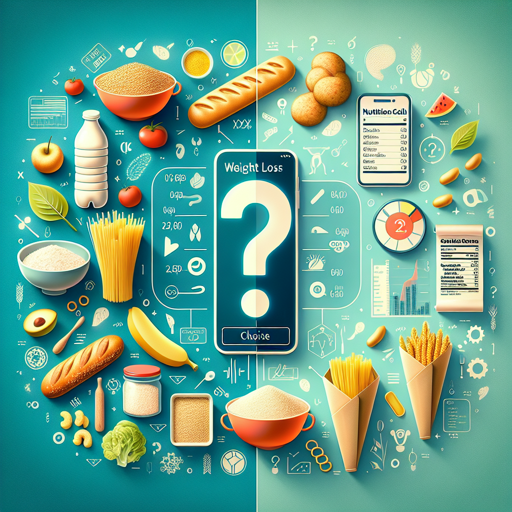 A conceptual image illustrating the dilemma of weight loss, with two distinct sides. On one side, a balanced arrangement of carbohydrate-rich foods like pasta, bread, rice, and potatoes. On the other side, elements representing calorie counting: a smartphone displaying a calorie-tracking app, a nutrition label, and abstract energy units. A large, stylized question mark visually connects the two sides, symbolizing the choice between focusing on carbs or calories for a healthy, fit body. Clean, modern, digital art style with a bright, encouraging color palette.