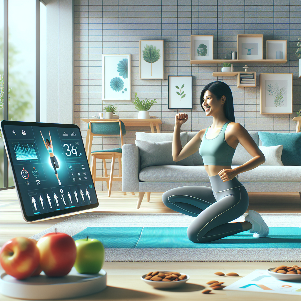 A person, happily engaging in a home workout guided by a fitness app on a large tablet or laptop. The modern living room setting includes a yoga mat and a healthy snack. The image conveys effective, flexible online weight loss, with a focus on convenience and a positive mindset. Bright, clean digital art.