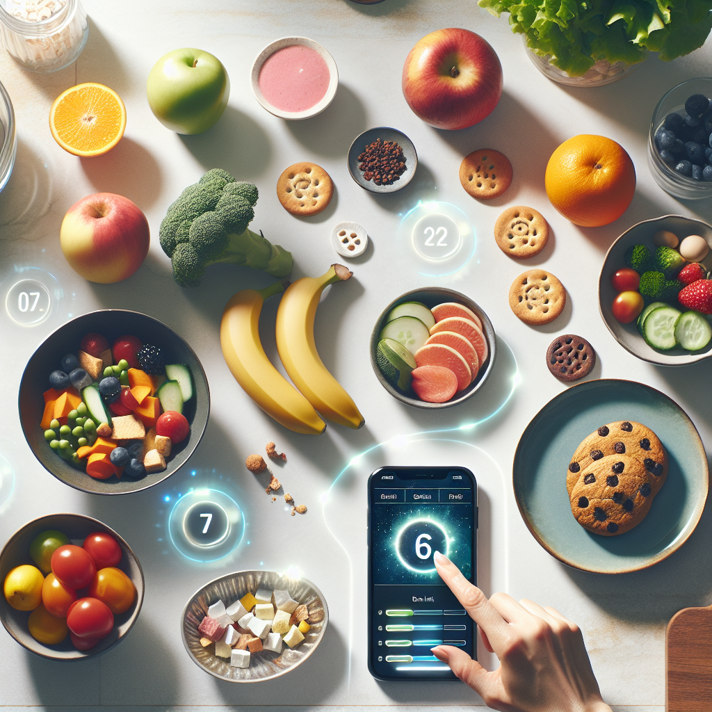 A visually appealing flat lay of diverse food items, including fresh fruits, vegetables, a lean protein dish, and a small, indulgent dessert (e.g., a single cookie). Above each food item, a subtle, glowing digital point value is displayed. A hand is gently interacting with a modern smartphone or tablet nearby, which displays a 'daily point budget' interface. The scene is set in a bright, clean kitchen, emphasizing flexible, mindful eating and control for weight management through point counting. The style is inviting and contemporary with soft, natural lighting.