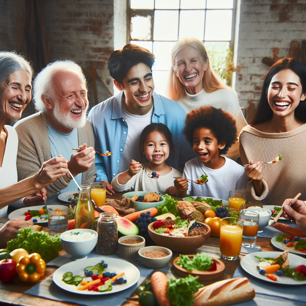 A diverse group of happy people of various ages and body types enjoying a vibrant, colorful, and healthy meal together at a bright, inviting table. The scene emphasizes joy, abundance, and mindful eating, with no signs of deprivation or strict dieting. Focus on natural light, warm atmosphere, and contentment. High-quality photograph.