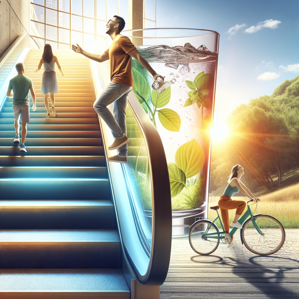 A dynamic, energetic scene illustrating effortless healthy habits integrated into daily life. Show a person happily taking the stairs instead of an escalator, another person cycling casually through a sunny park, and a refreshing glass of water prominently placed in a natural setting. The overall mood is positive, active, and easy-going, reflecting a sustainable, no-diet lifestyle. Bright colors, clear photo, focus on well-being.