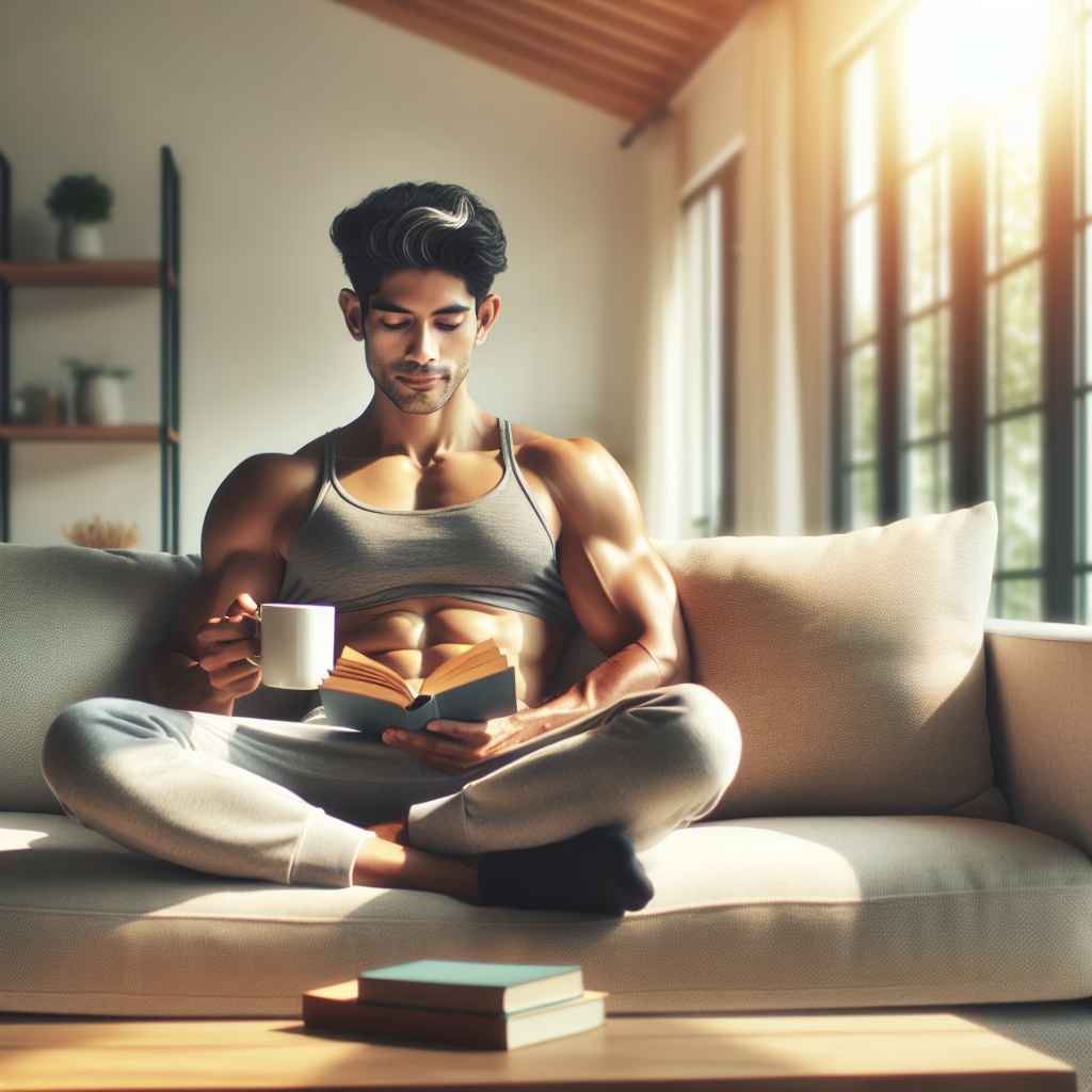 A serene scene of a person, mid-30s, with a healthy and fit physique, comfortably relaxing on a modern sofa in a bright, minimalist living room. They are reading a book and sipping herbal tea. The atmosphere is calm and inviting, emphasizing a relaxed lifestyle and well-being without any exercise equipment or gym setting. Warm, natural lighting, soft focus, high-quality photograph.