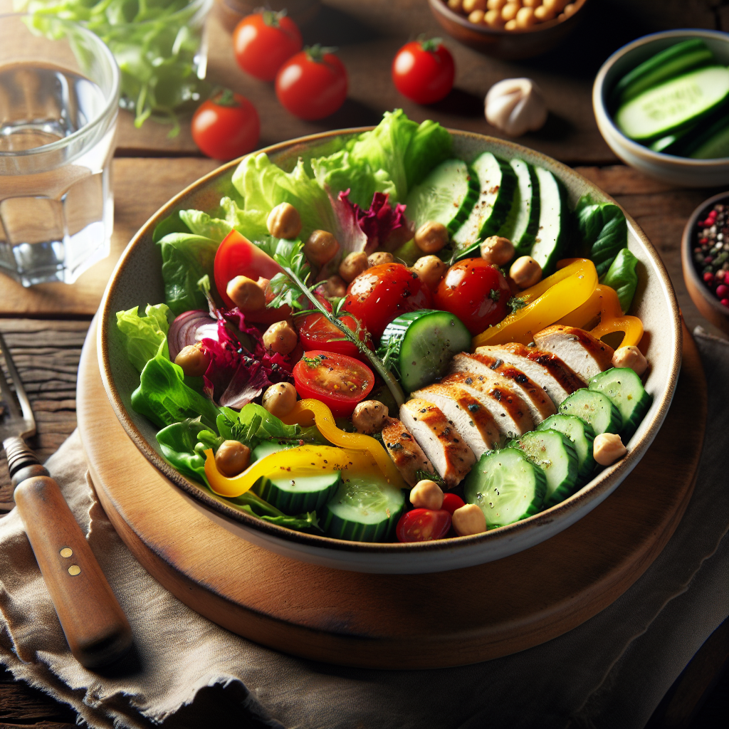 A vibrant, appetizing close-up of a beautifully plated healthy meal: a colorful salad with grilled chicken or chickpeas, fresh mixed greens, bell peppers, cucumber, and cherry tomatoes, drizzled with a light vinaigrette. It's set on a natural wood table next to a glass of water, with soft natural light coming from a window. The focus is on appealing, nourishing food that supports weight loss without strenuous effort. High resolution, professional food photography style.