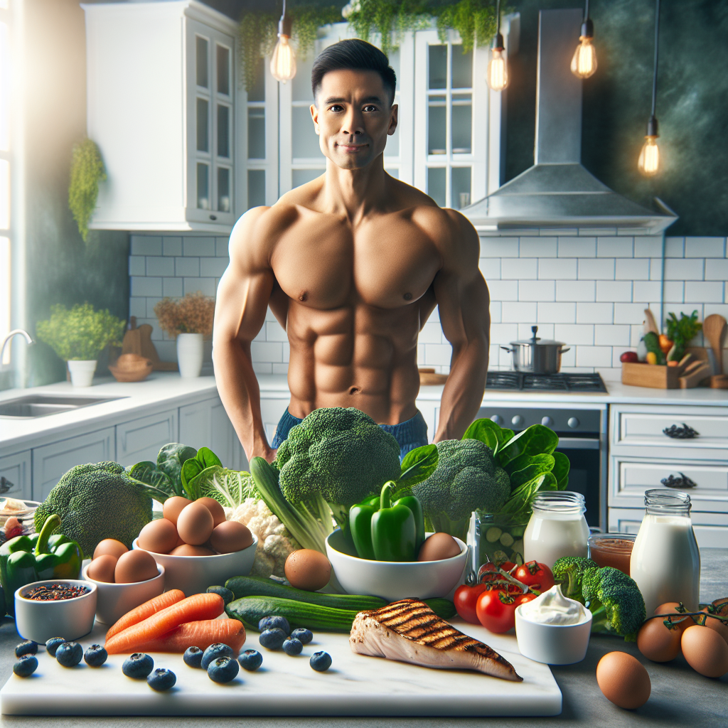 A healthy, energetic person smiling, looking fit and confident, standing in a bright kitchen. Around them, a delicious spread of high-protein, low-carbohydrate foods like grilled chicken, vibrant green vegetables (broccoli, spinach), eggs, Greek yogurt, and a few berries. The scene should convey well-being, successful weight loss, and a fresh start.