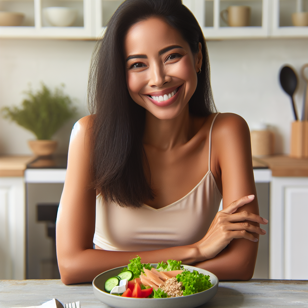 A happy and satisfied person with a gentle smile, looking content after eating a plate full of colorful, healthy food (like a salad with lean protein and whole grains) in a bright, modern kitchen. The scene should convey a feeling of fullness and ease, emphasizing sustainable weight loss without hunger. The person appears energized and not deprived. Vibrant and inviting atmosphere.