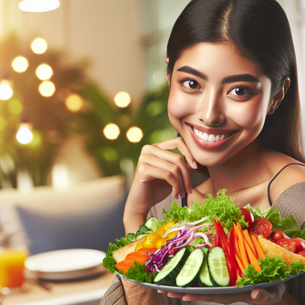 A person with a genuine smile, looking happy and completely satisfied, enjoying a vibrant and abundant plate of healthy, delicious food (e.g., a large colorful salad with lean protein, or a wholesome meal with plenty of vegetables). The setting is bright and inviting, emphasizing a feeling of well-being, satiety, and sustainable weight loss without any sense of deprivation or hunger. Realistic photo style, warm lighting.