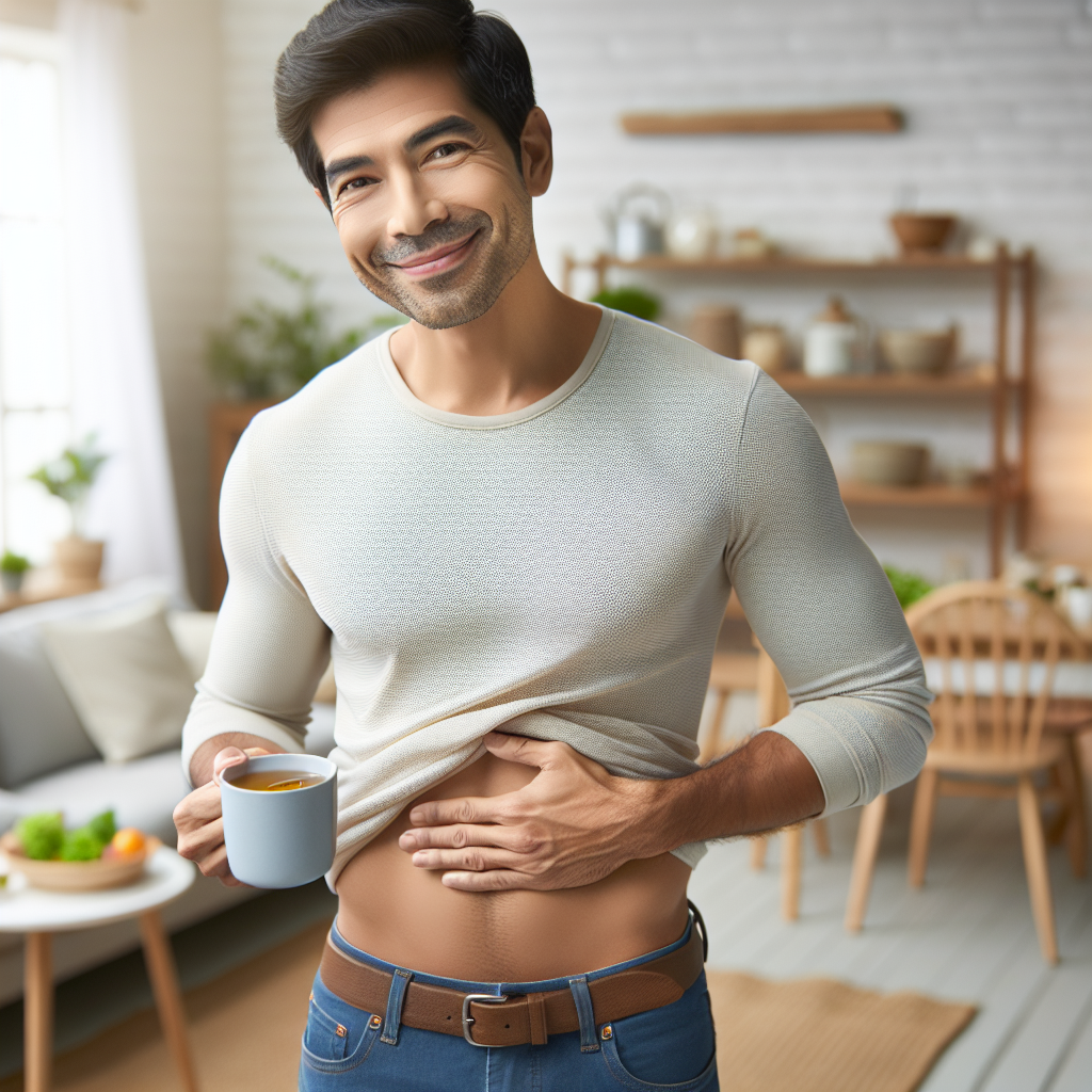 A contented man, mid-30s, in a comfortable, bright home setting, perhaps in a kitchen or living room, with a noticeably flatter stomach. He is casually dressed, smiling gently, perhaps holding a cup of herbal tea or a piece of fruit, embodying a sense of ease and well-being gained without intense exercise. The scene should convey a relaxed lifestyle focused on healthy eating and inner balance. Realistic photo style, soft natural lighting.