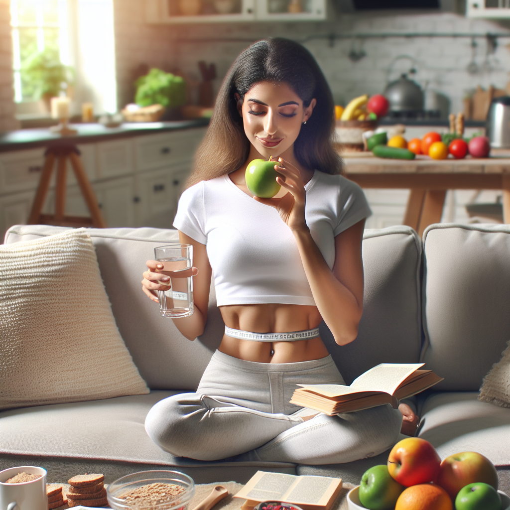 A person with a noticeably flatter stomach, looking healthy and relaxed, in a comfortable home setting. They are not exercising. Instead, they are engaged in a calm, everyday activity like drinking water, eating a healthy snack (e.g., an apple or small bowl of berries), or reading, surrounded by elements of a balanced diet such as fresh fruits, vegetables, and whole grains on a kitchen counter or table. The overall mood is peaceful and highlights a sustainable, non-strenuous approach to wellness. No gym equipment or workout clothes are visible.