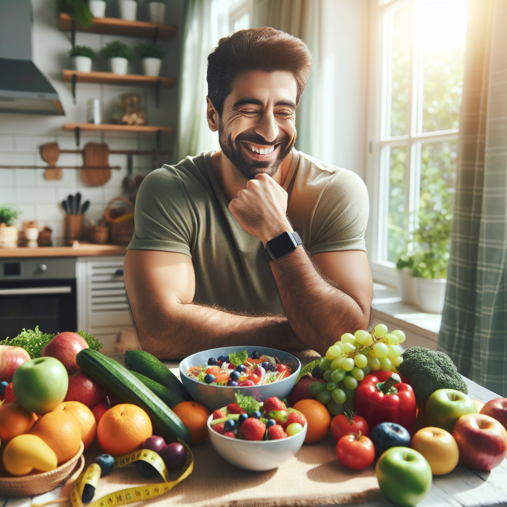A relaxed and content person, looking healthy and happy, in a bright and comfortable home environment. They are enjoying a simple, balanced meal or surrounded by an array of colorful fresh fruits and vegetables on a kitchen counter or table. There are no sports clothes, gym equipment, or visible signs of strenuous exercise in the scene, emphasizing effortless weight loss through diet and healthy lifestyle choices.