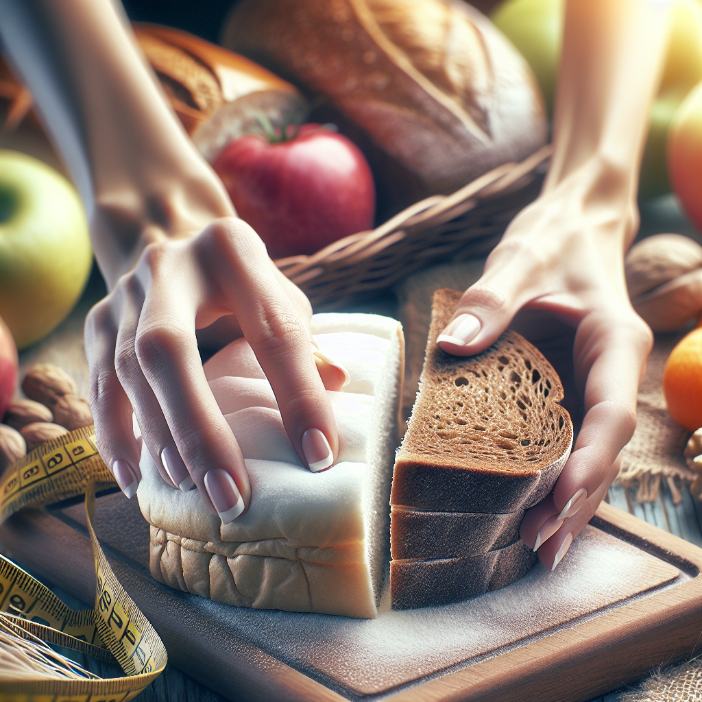 A pair of hands making a mindful dietary choice: gently pushing away a tempting, fluffy slice of white bread while simultaneously reaching for a rustic, dark whole-grain bread loaf. In the soft-focus background, healthy breakfast elements like fresh fruit and nuts are visible, along with a measuring tape subtly draped, symbolizing weight loss and conscious eating decisions. Bright, clean, and realistic photographic style.