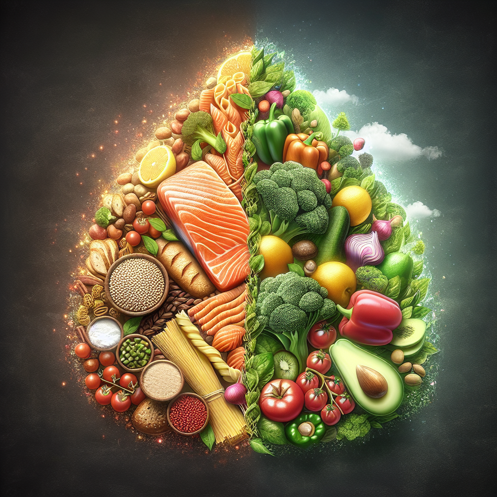 A vibrant and clean still life depicting a clear choice for weight loss: on one side, a small, symbolic cluster of high-carb foods (e.g., a mini loaf of bread, a small pile of pasta) subtly receding into the background. On the other, more prominent side, a beautiful, abundant display of low-carb, nutrient-rich foods such as grilled salmon, fresh green leafy vegetables, colorful bell peppers, and avocado. The image should evoke health, energy, and the feeling of effective, sustainable weight management, with bright, inviting lighting.