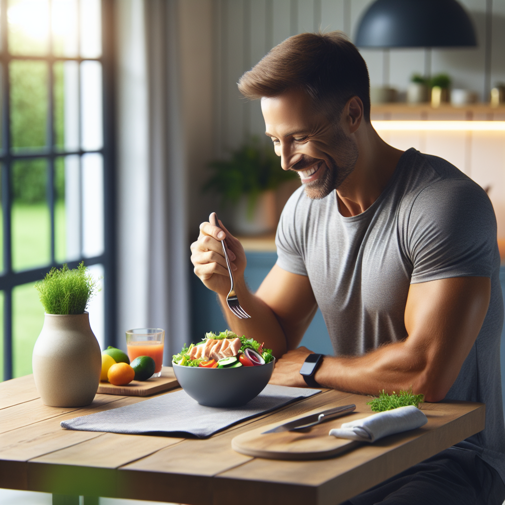 A happy, healthy person with a slender physique, comfortably enjoying a beautifully presented, colorful and nutritious meal (like a vibrant salad with lean protein and fresh vegetables) at a clean, modern kitchen table in a serene home environment. The scene emphasizes relaxation and mindful eating, with absolutely no sports equipment, gym elements, or athletic wear visible. The lighting is soft and natural, conveying a calm atmosphere.