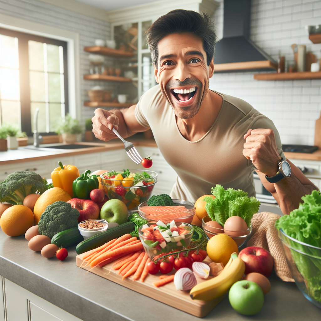 A vibrant, happy person in a bright, modern kitchen, joyfully preparing a colorful and fresh meal composed of various fruits, vegetables, and lean proteins. The scene should evoke a sense of sustainable well-being, increased energy, and a positive lifestyle transformation through healthy eating, rather than restrictive dieting. Realistic style, natural lighting, high resolution.
