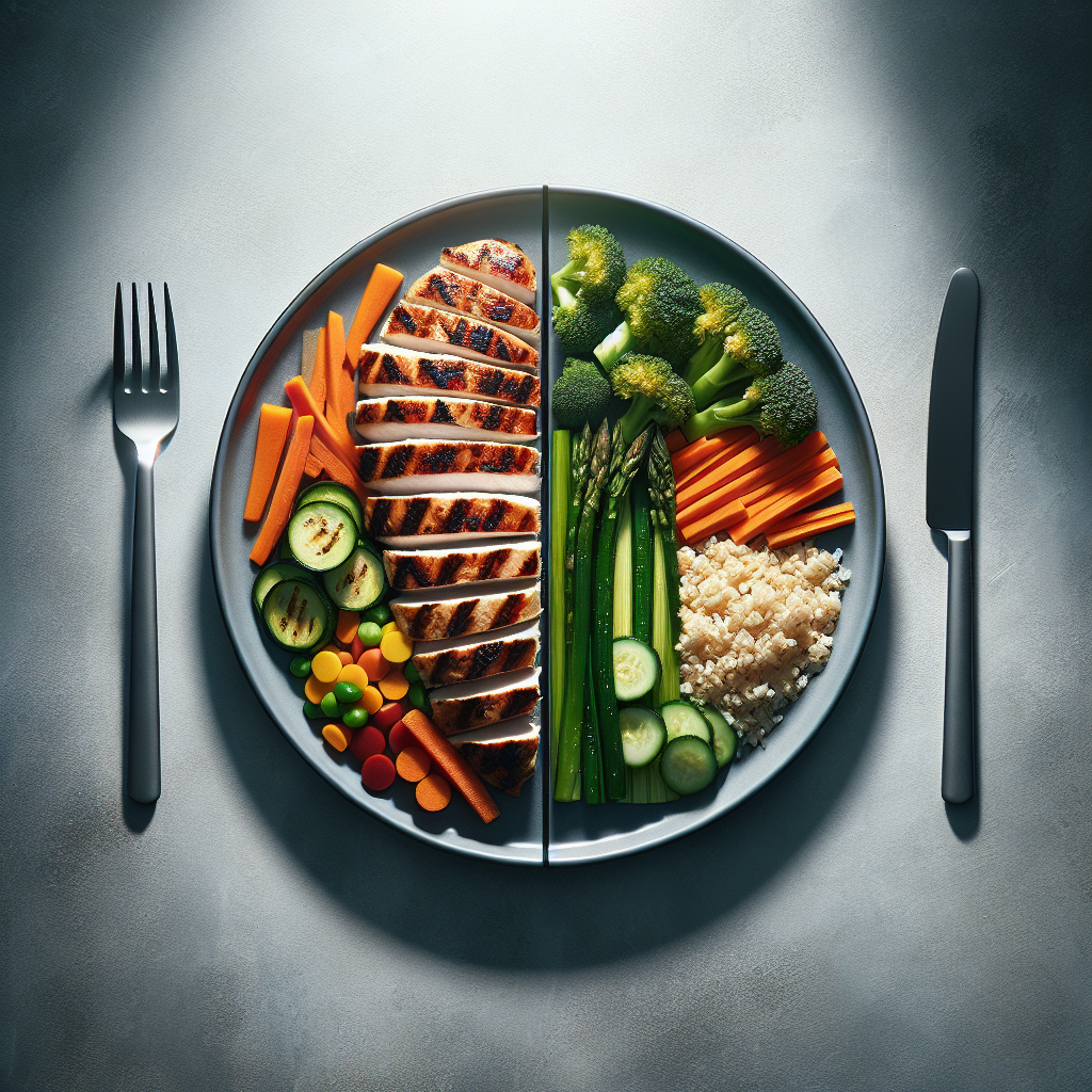 A stylized image of a dinner plate, perfectly divided, with exactly half of the plate filled with a delicious, healthy, and colorful meal (e.g., grilled chicken, vibrant vegetables, a small portion of whole grains). The other half of the plate is visually empty or clean, strongly emphasizing the 'eat half' (FDH) principle. The scene should convey simplicity, mindful eating, and the positive journey towards weight loss. Bright, clean lighting, minimalist background, top-down view.