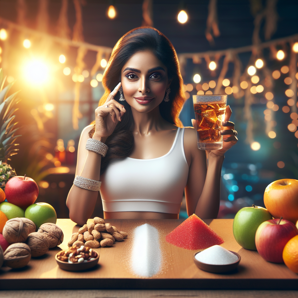 A vibrant and optimistic scene depicting a person confidently choosing a diverse array of fresh, natural, and unsweetened foods such as colorful fruits, nuts, and a glass of plain water, while sugary snacks and drinks are blurred in the background, symbolizing a successful transition to a sugar-free lifestyle and the journey towards weight loss. The person looks healthy and energetic, with warm, inviting lighting.