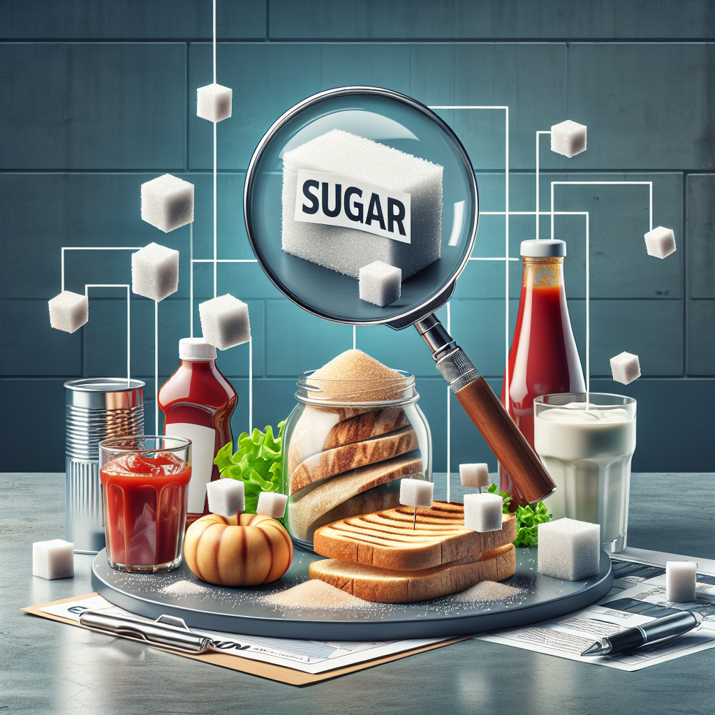 A creative and slightly surreal image illustrating 'hidden sugar' in everyday foods. Sugar crystals or cubes are subtly yet clearly visible, metaphorically spilling or integrated into unexpected items like a ketchup bottle, a slice of whole wheat bread, and a plain yogurt container. A magnifying glass hovers over a food label, highlighting the word 'Zucker' or a sugar variant like 'Glukosesirup'. The setting is a clean kitchen counter, with a modern, informative aesthetic.